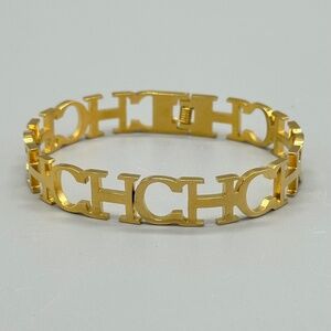 Carolina Herrera CHic Gold Plated Wide "CH" Hinged Bangle Bracelet 6.25 Jewelry